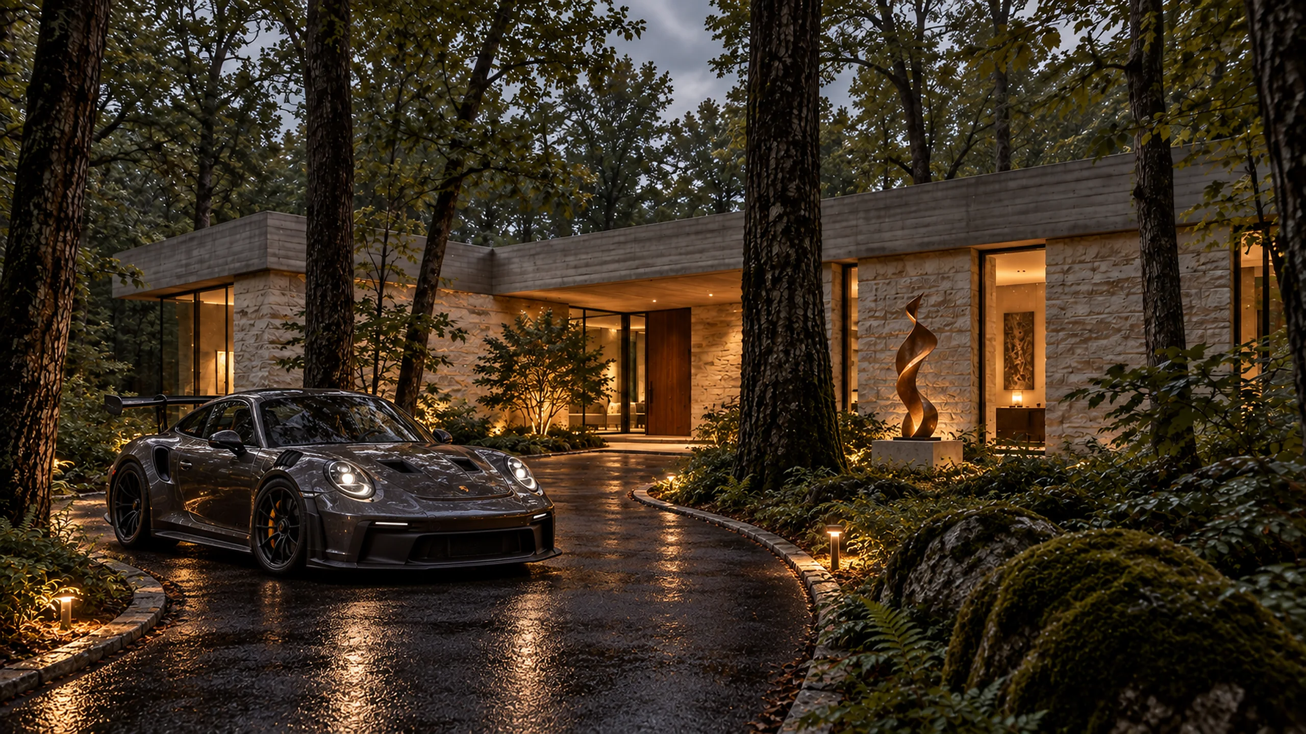 Forest Residence — вечірній вигляд входу з автомобілем